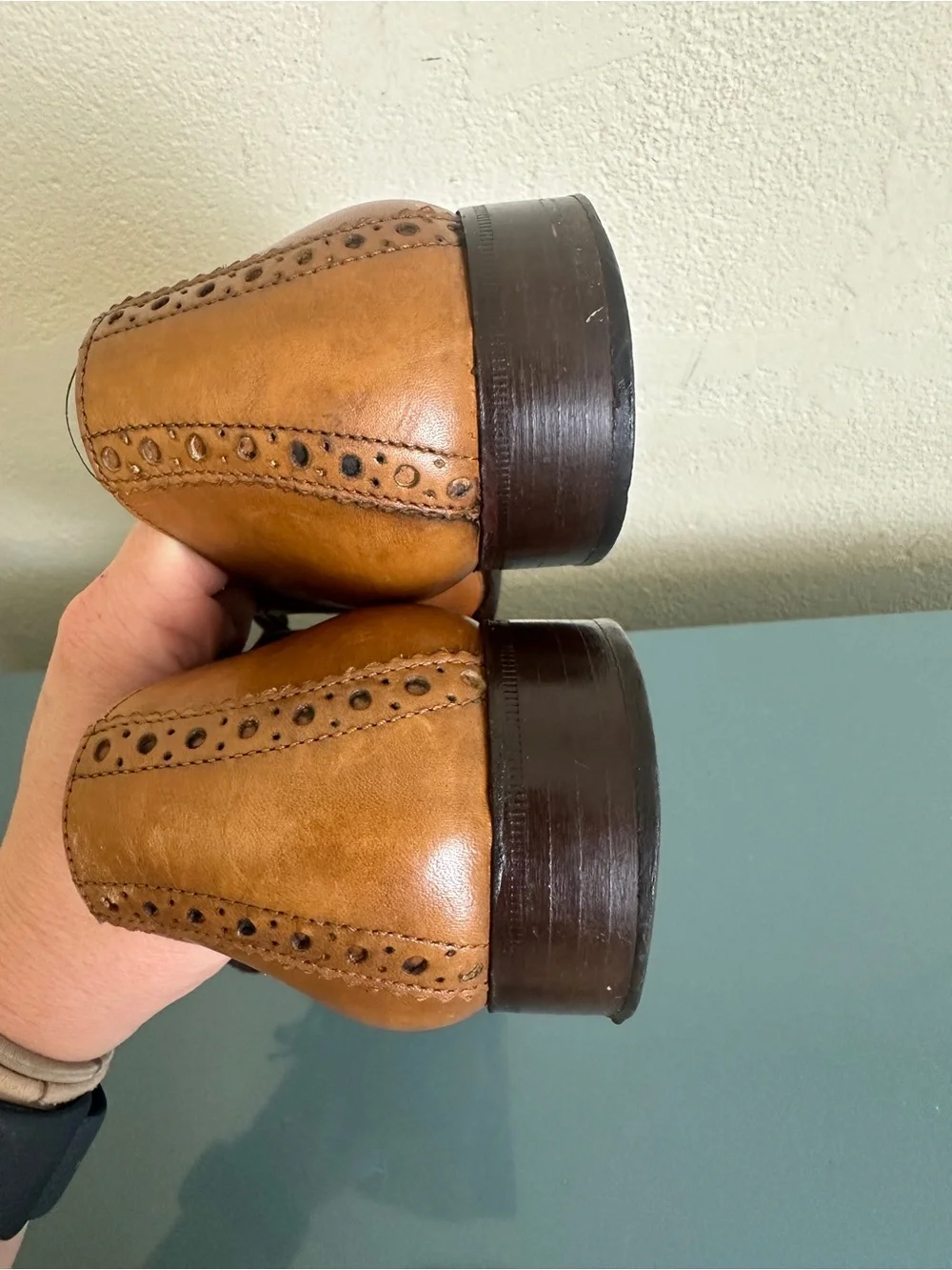 VTG Brassboot Mens Oxford Sz 8.5 D Tan Leather Cap Toe Brogue Italy Dress Shoes
